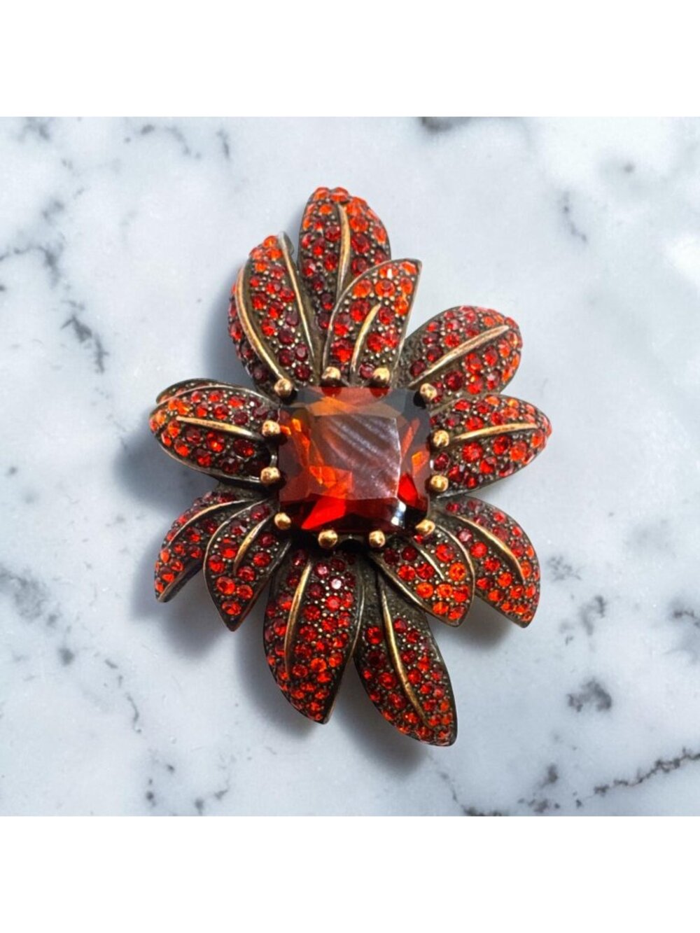 Vtg Joan Rivers Red Crystal Flower Brooch Pin Bronze Tone Finish Rhinestones